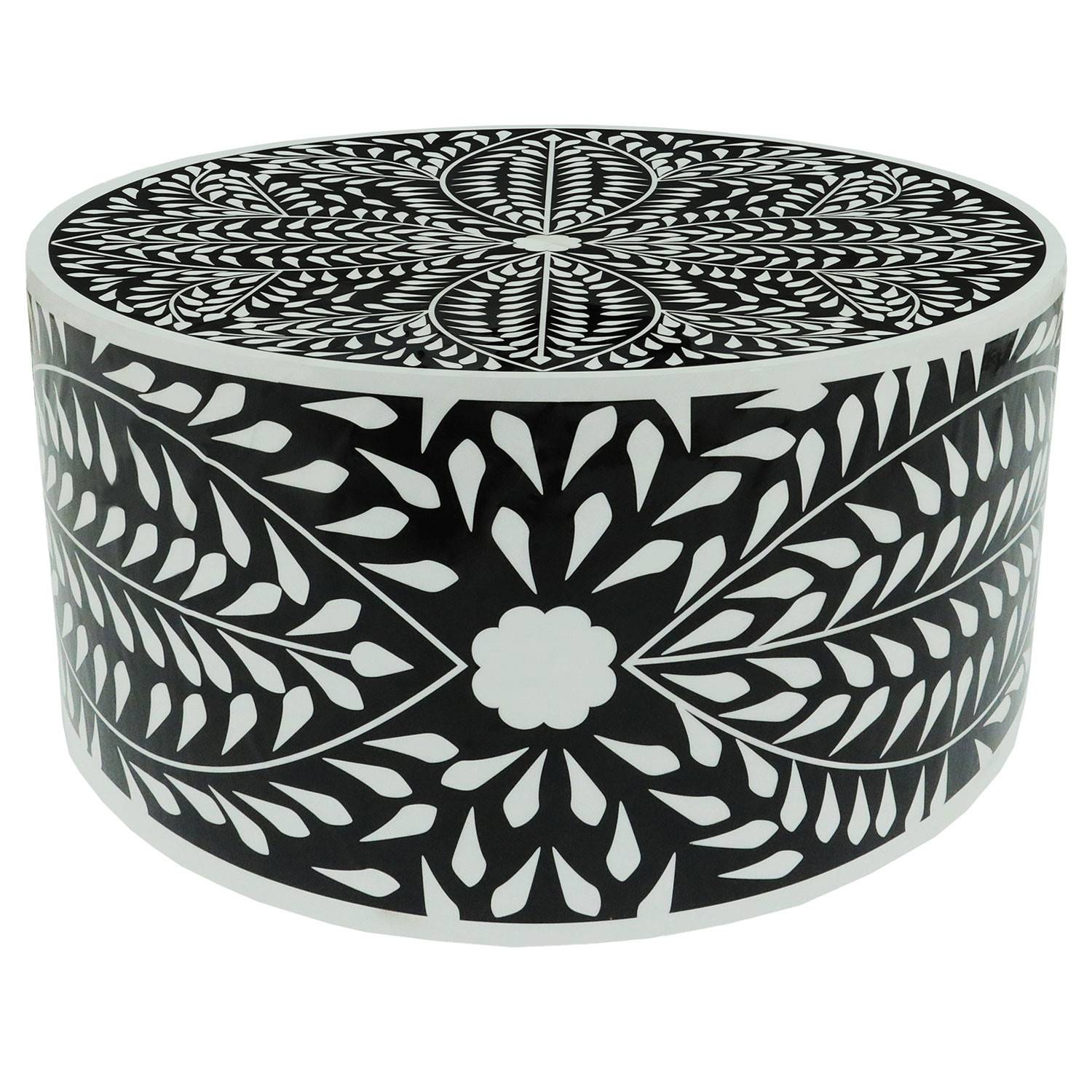 Mesa de centro redonda de estilo arty Ø66cm Viliana Motivo floral blanco y negro