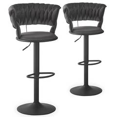 Lote de 2 sillas de bar Xenox de terciopelo gris y metal negro con respaldo de rejilla redondeado