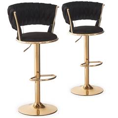 Set di 2 sedie da bar Xenox in velluto nero e metallo dorato con schienale in rete arrotondato