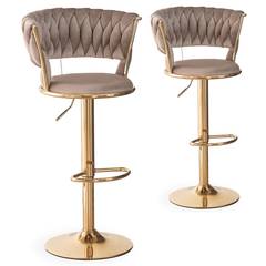 Lote de 2 sillas de bar Xenox Velvet Taupe y metal dorado con respaldo de malla redondeado